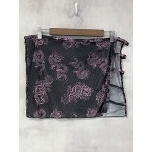 Y2K Dragon Print Mesh Mini Skirt Women XL Sheer Stretch Strappy Indie Goth Cyber